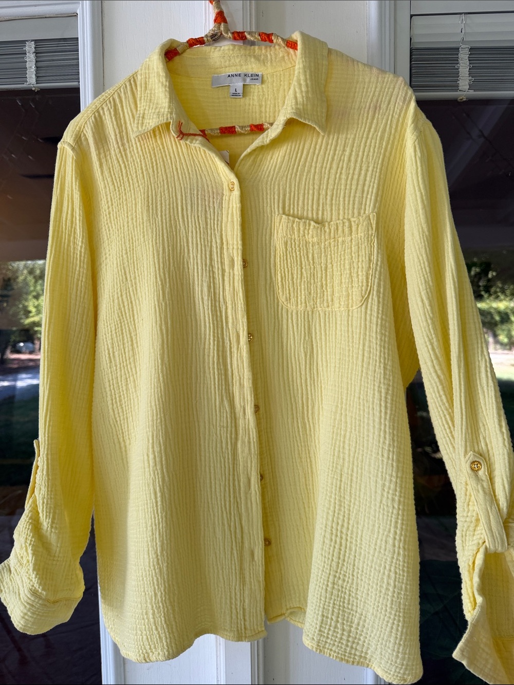Anne Klein Butter Yellow 100% Cotton Gauzy Gold Button-Down Shirt